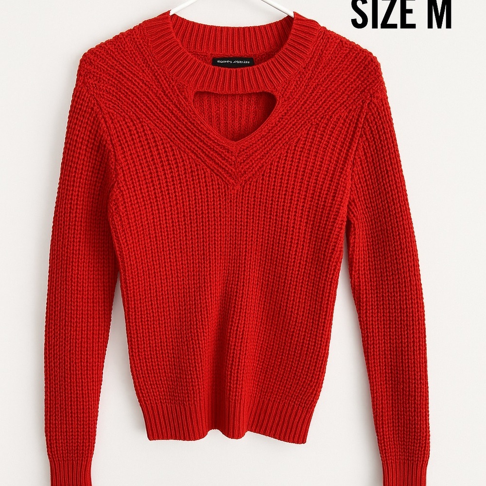 New York & Company Red Knit Sweater Size M Cozy Cutout Neck Trendy Fall/Winter - Picture 2 of 4